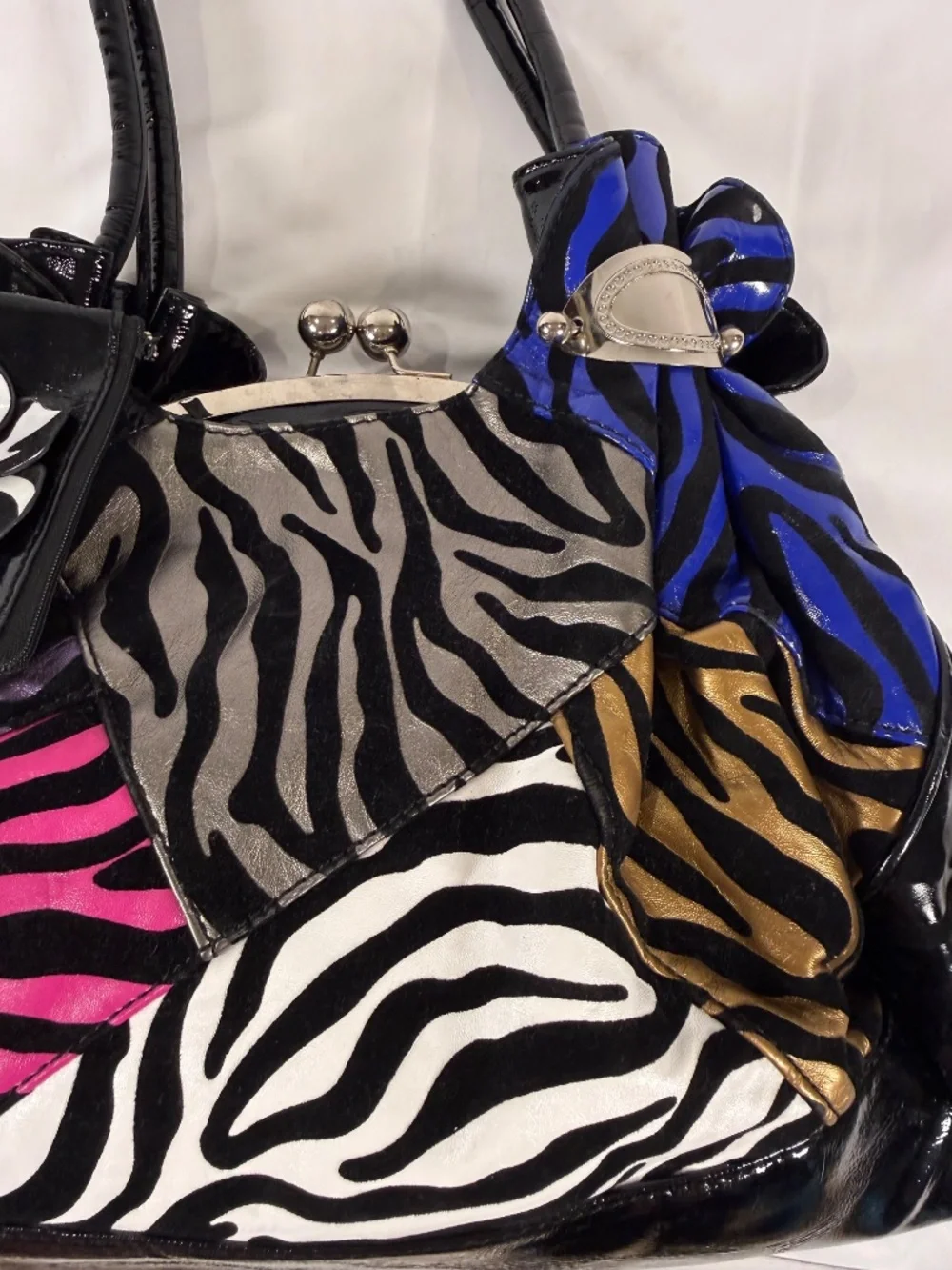Y2K Zebra Print Kiss Lock Satchel Glam Statement Handbag